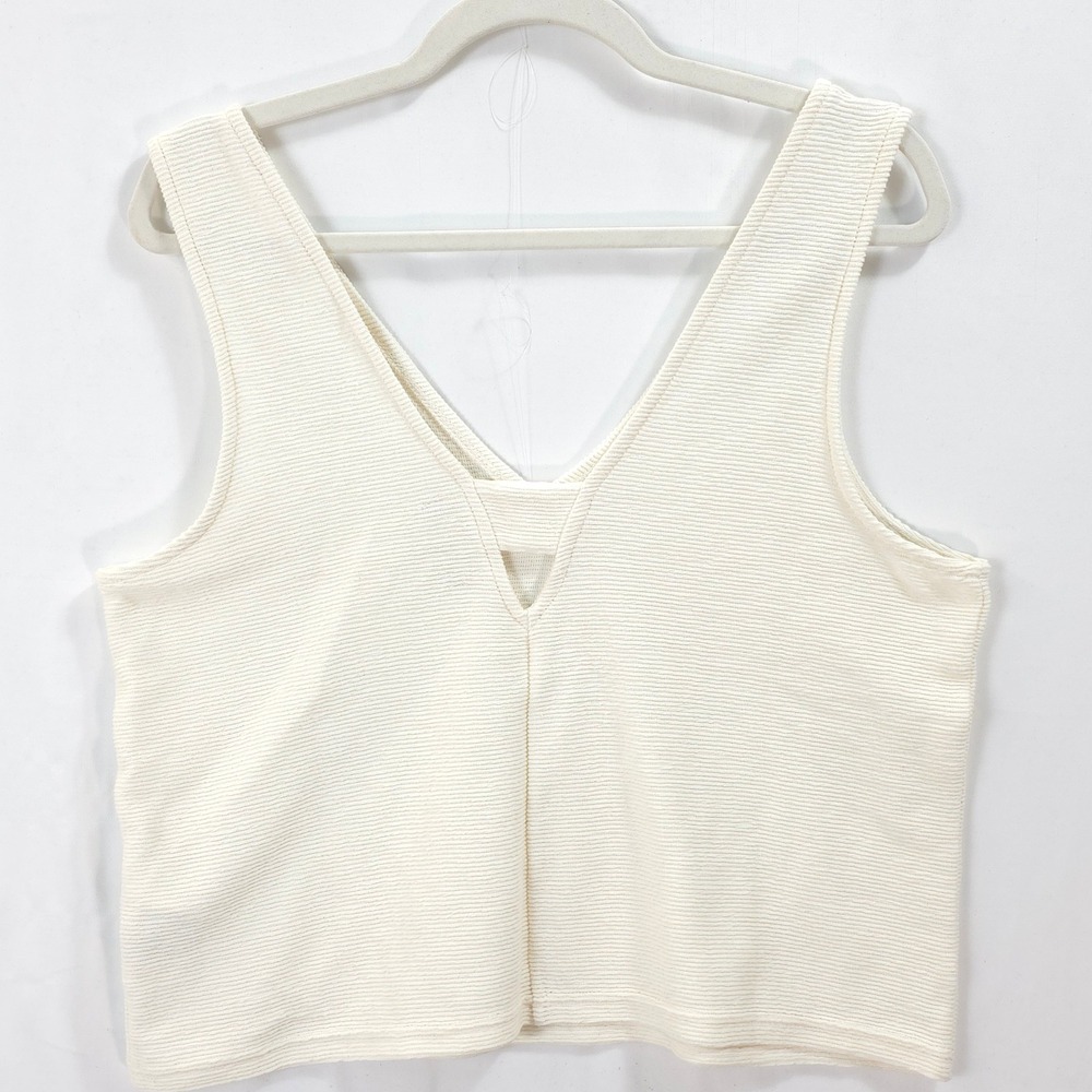 Madewell Ribbed Knit Crop Tank Top Womens L V-Neck Cream Coastal Minimalist - Picture 2 of 8